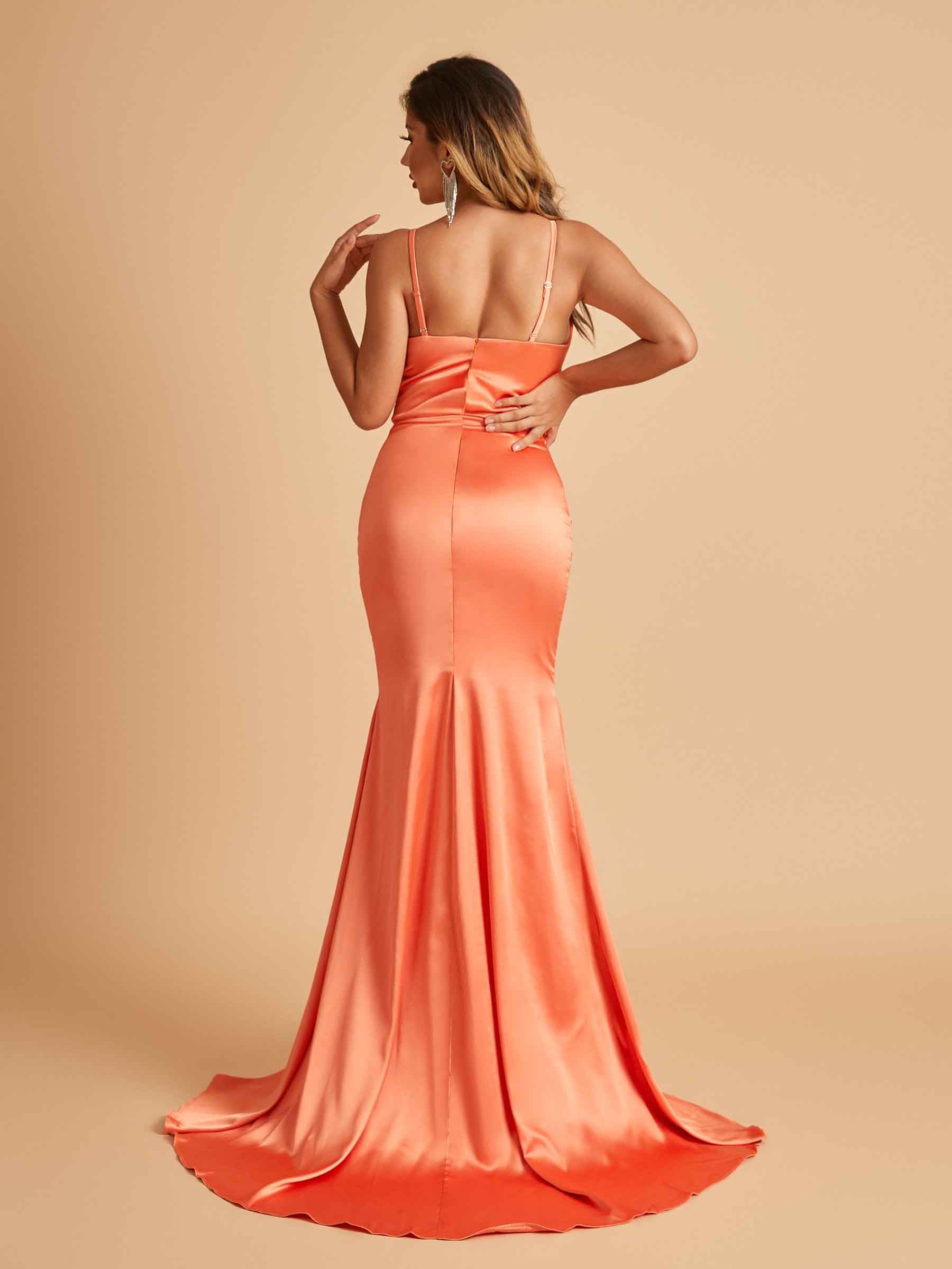 Sexy Satin Mermaid Prom Dresses Spaghetti Straps V-neck Pleats Floor Length